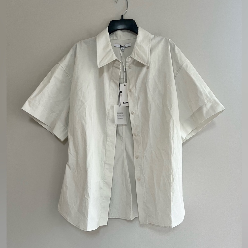 EAVES Aven Cotton Button Down Short Sleeve Shirt in Chalk Off White, size XL - Picture 4 of 11